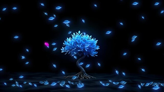Enchanted Blue Tree With Glowing Leaves And Pink Butterfly In A Dark Fantasy World, Magical Glowing Blue Tree In The Dark, Mysterious Tree Animation,  Glowing Plant On A Black Background ,abstract Lum