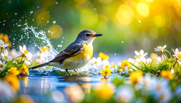 Bird splashing in shallow water amongst flowers
