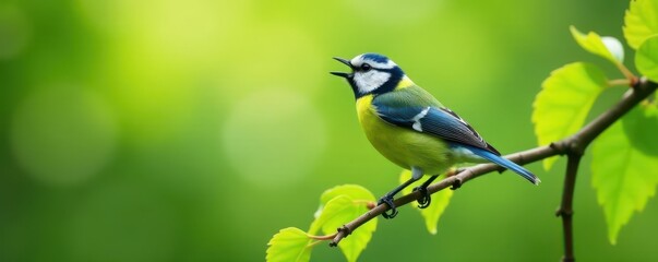 Obraz premium A blue tit perched on a spring branch, singing amidst vibrant green leaves , ecology, habitat, wild