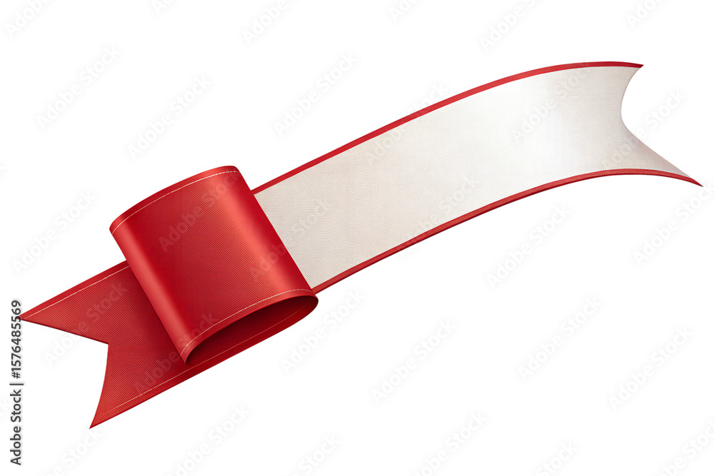 Fototapete a red and white ribbon banner with a rolled end on a transparent checkered background design element