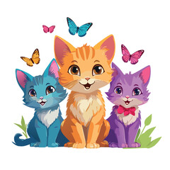 Three cute kittens, colorful butterflies in the background, in a clipart style
