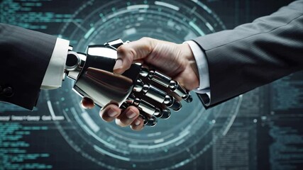 handshake between robot hand and human hand in business suit - Powered by Adobe
