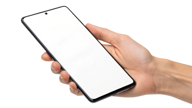 Hand holding smartphone mockup with blank white screen for app ui ux design presentation 100 character