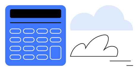 Blue calculator next to minimal cloud design reflects the synergy of digital calculation with online resources. Ideal for finance, technology, cloud computing, education, data analytics, digital