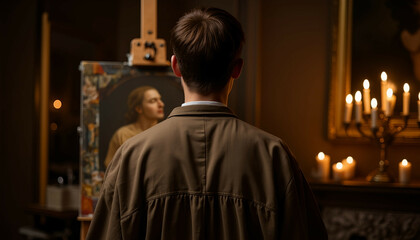 Obraz premium Young man painting portrait on easel in dimly lit studio. Hobby of drawing 