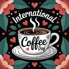 International Coffee Day Illustration with Cup, Flowers, and Hearts