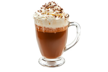 A glass of hot chocolate with whipped cream, isolated on a white isolated on a transparent background in PNG format.