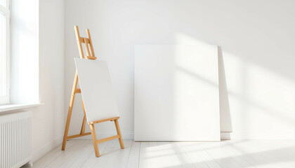 Blank canvases in a bright, minimalist art studio with sunlight. Hobby of drawing 