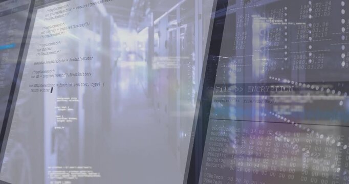 Server corridor opening showing code overlay scrolling and hex panel sliding securing data flow