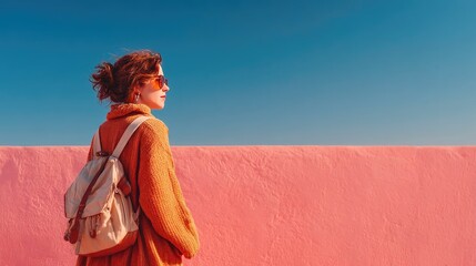 Stylish traveler woman in orange sweater and backpack by pink wall