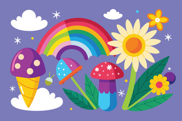 Fototapeta premium Colorful illustration featuring a vibrant rainbow, cheerful flowers, and whimsical mushrooms against a purple sky. Perfect for conveying joy, imagination, and happiness in a whimsical style.