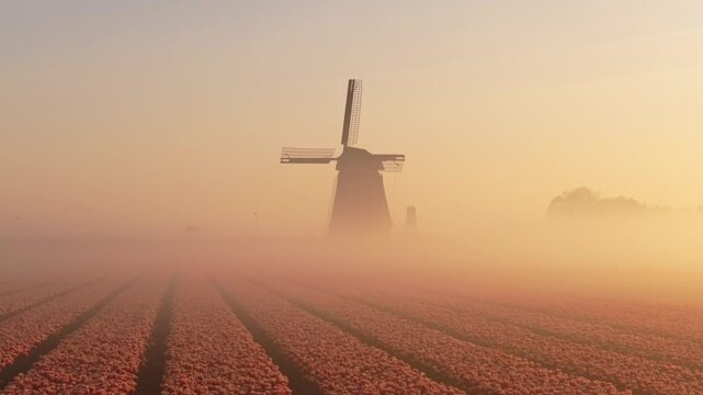 Aerial view of morning fog rolling over tulips and windmill in Holland