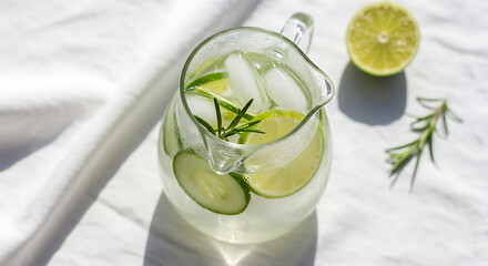Refreshing summer drink of infused water with cucumber, lime and rosemary served in a glass jug on white linen.
