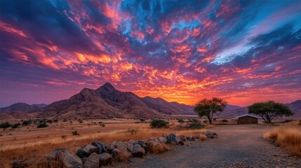 Fiery Sunset Over Mountain Landscape