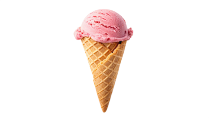 Delicious pink strawberry ice cream cone dessert sweet treat summer food photography isolated on black