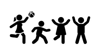 Black and White Cartoon Children Playing Sports – Four Kids in Dynamic Monochrome Illustration