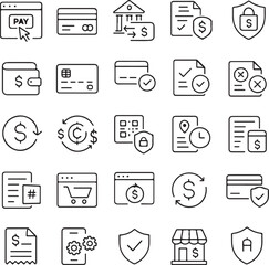 Collection of modern flat line icons representing various financial transactions and security measures including payments banking and digital commerce security