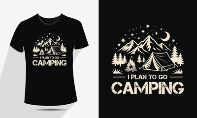 Vintage Camping and Mountain T-Shirt Design, Vector Outdoor Nature Adventure Badge with Tent, Fire, and Moon