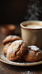 Fototapeta premium Deep brown cinnamon cookies, powdered sugar dusted, beside a steaming coffee cup , food photography, flatlay, cup