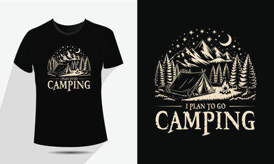 Vintage Camping and Mountain T-Shirt Design, Vector Outdoor Nature Adventure Badge with Tent, Fire, and Moon
