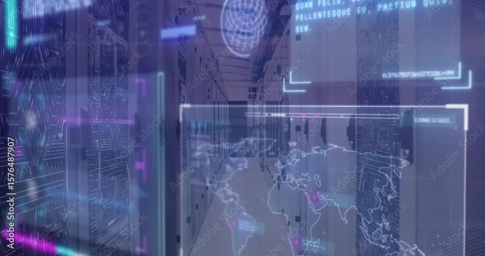 Poster flickering holographic map scanning nodes while pulsing panels visualizing data feed in corridor
