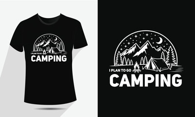 Vintage Camping and Mountain T-Shirt Design, Vector Outdoor Nature Adventure Badge with Tent, Fire, and Moon
