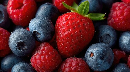 Fresh mixed berries close-up with water drops