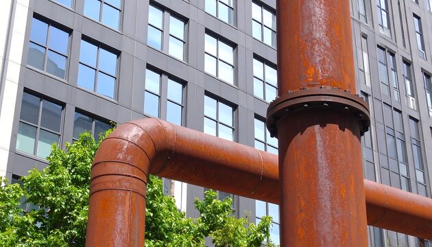 Rusty pipes against a modern building