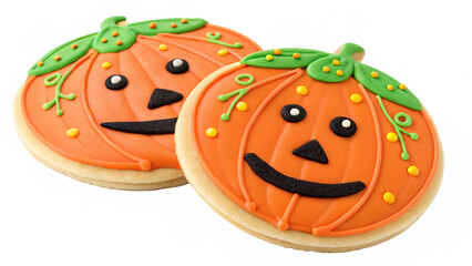 Halloween pumpkin cookies decorated with orange icing and black faces for halloween party treats