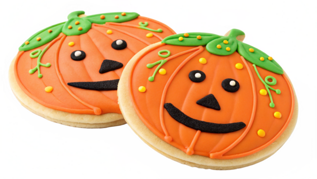 Halloween pumpkin cookies decorated with orange icing and black faces for halloween party treats