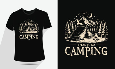 Vintage Camping and Mountain T-Shirt Design, Vector Outdoor Nature Adventure Badge with Tent, Fire, and Moon