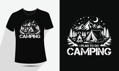 Vintage Camping and Mountain T-Shirt Design, Vector Outdoor Nature Adventure Badge with Tent, Fire, and Moon