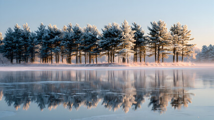 Winter lake landscape with snow covered trees and calm water reflection
