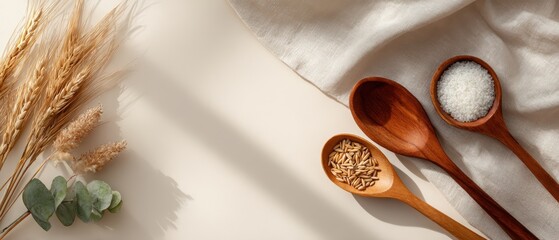 Obraz premium Close-up of wooden spoons filled with salt and rice, organic grains on a soft fabric background with pampas grass and eucalyptus for healthy cooking or spice theme