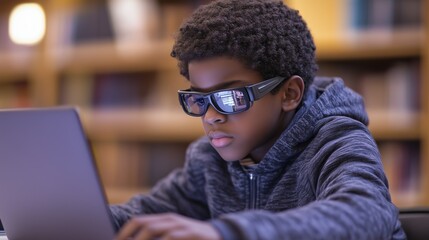 The child in a gray sweatshirt concentratively works behind a laptop in the library. It has stylish dark glasses with a reflection of the screen, which emphasizes the modern approach to learning.