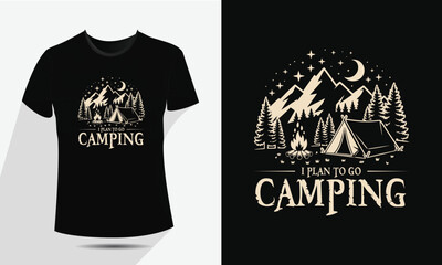 Vintage Camping and Mountain T-Shirt Design, Vector Outdoor Nature Adventure Badge with Tent, Fire, and Moon