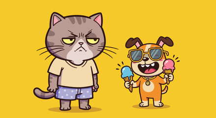 Grumpy Cat and Happy Dog Enjoying Ice Cream in Summer