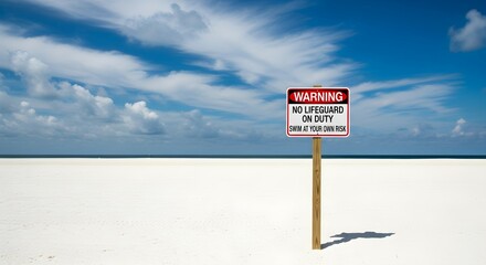 No lifeguard on duty sign on a beautiful white sand beach under a blue sky, concept of swim at own risk, safety warning.