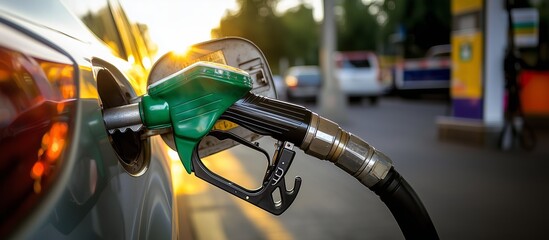 The green fuel gun rings the car at a gas station at sunset. It is ideally suitable for those associated with transport, travel and energy.