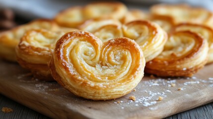 Freshly baked puff cookies in the form of hearts on a wooden board, sprinkled with powdered sugar. Warm light emphasizes the crispy texture and golden color of baking.