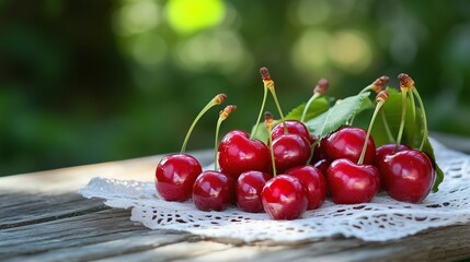 Ripe red cherries with green leaves on a lace napkin lying on a wooden surface. A blurry green background with soft lighting creates a fresh and natural atmosphere.