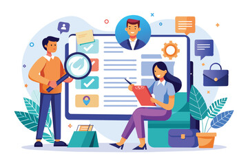 Illustration of colleagues collaborating on a digital project with a focus on teamwork and communication. The scene shows professional interaction and effective organization in an office environment.