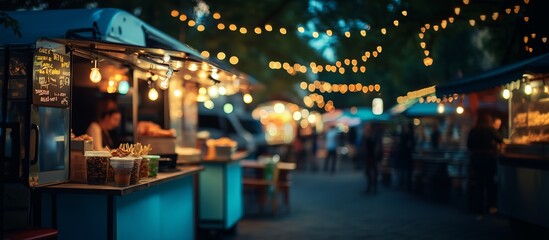 The street market with food races under the garlands of lights in the evening. Blurred silhouettes of people and bright lights create a cozy atmosphere.