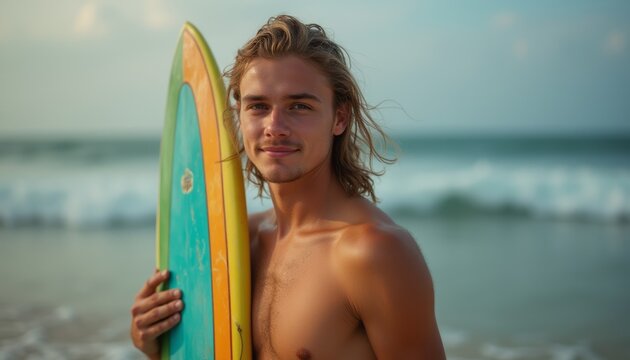 Confident young man holding a surfboard at the beach