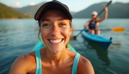 Joyful woman smiling while kayaking with a friend