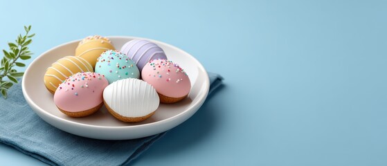 Colorful decorated Easter eggs in a white bowl on a blue cloth with pastel background perfect for holiday celebration and seasonal decoration