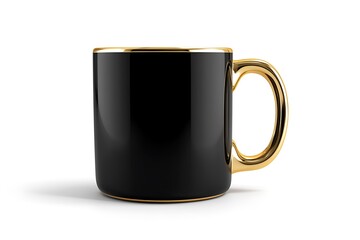 A sleek black ceramic mug with elegant gold trim sits on a clean white surface, offering a stylish drinkware option.