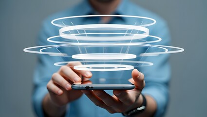 Futuristic Technology Concept - Man Holding Smartphone with Data Visualization Overlay