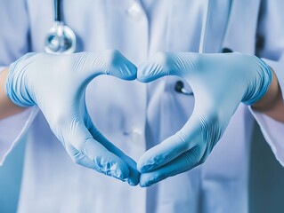 Doctor hands with medical gloves making heart shape, health insurance, donation