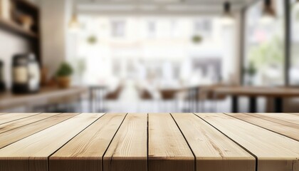 Wooden Table Platform With No Items On It And Blurred Background Of A Restaurant Or Coffee Shop For Displaying Products.